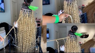 VERY DETAILED KNOTLESS GODDESS BOX BRAIDS USING HUMAN HAIR blonde  WAIST LENGTH bohoboxbraids [upl. by Atnas]