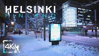 Central Helsinki Relaxing Night Walk in Snowy Winter Finland 4K [upl. by Ruben]