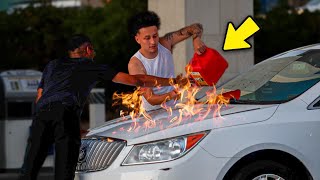 Dumping Gasoline On Cars In The Hood Prank GONE VERY WRONG [upl. by Sonafets]