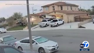 Car goes airborne crashes into garage of California home [upl. by Ilarin]