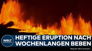 VULKANAUSBRUCH AUF ISLAND Heftige Eruption Fischerort Grindavik bereits vor Wochen geräumt [upl. by Blynn217]