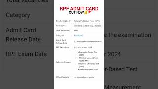 RPF ADMIT CARD OUT NOW🔔🚩4460POSTSadmitcard shorts [upl. by Gney217]