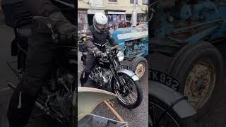 A 1951 Vincent Rapide motorcycle fired up outside the Village Bakery in Wickham Square Hampshire [upl. by Shuma415]