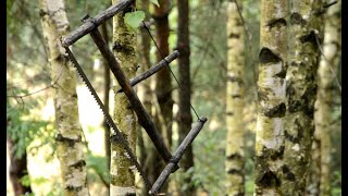 Making a Bucksaw Alone in the Woods  Bushcraft Rain Polish Lavvu Tarp Birchbark [upl. by Fleisig]