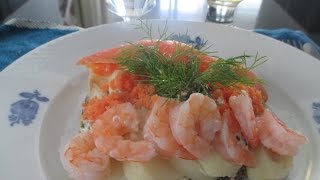 Danish Openfaced Potato Seafood Sandwich ❤️ Smørrebrød med Kartoffel Rejer Laks og Rogn [upl. by Bachman370]