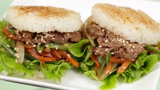 Teriyaki Beef Rice Burgers Recipe Yakiniku and Lettuce Wrapped with Rice Buns  Cooking with Dog [upl. by Akinaj642]