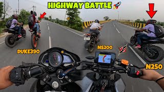 NS200 vs DUKE390🔥 vs N250  HighwaY Battle💥  Topend  Close Calls  HS MOTOTUBE [upl. by Anival522]