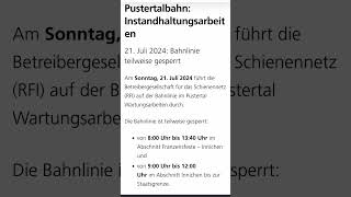 Information zu Bauarbeiten auf der Pustertalbahn am 21072024 in FranzensfesteFortezza [upl. by Calandria]