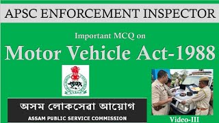 Motor Vehicle Act  MCQ  Enforcement Inspector  APSC  Part 3  Transport Dept apsc mcq jobs [upl. by Sutsugua354]