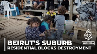 Residential apartment blocks in Beiruts southern suburb destroyed by Israeli air strikes [upl. by Ayian984]