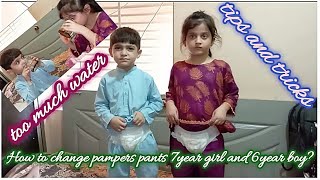 How to change pampers pants 7year girl and 6year boypampers pants change 7and6 old wearing diaper🚼 [upl. by Barbee489]