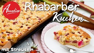 Rhabarberkuchen mit Streuseln vom Blech backen  Blechkuchen Rhabarberkuchen Rezept mit Rührteig [upl. by Tobiah]