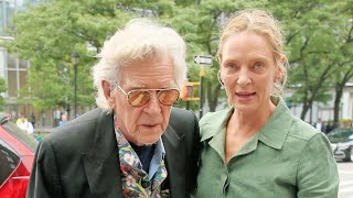 Uma Thurman and her father Robert Thurman arrive at Robert de Niros birthday party in New York City [upl. by Carmelle]