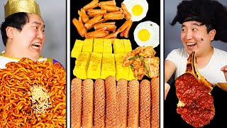 ASMR MUKBANG  Fire Noodles spam kimchi Giant Kielbasa sausage funny eating😂😂 [upl. by Maier]