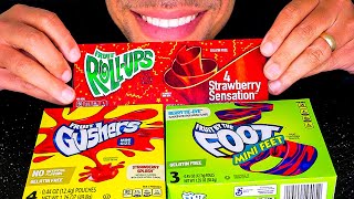 ASMR FRUIT ROLL UP GUSHER FRUIT BY THE FOOT CANDY BITES ASSORTED FLAVORS CHEWY EATING SHOW MUKBANG [upl. by Tosch71]