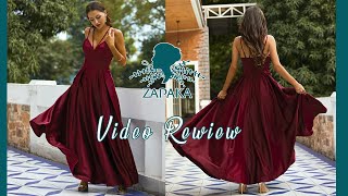 Women ALine Burgundy Spaghetti Straps Satin Long Prom Bridesmaid Party Dress  ZAPAKA [upl. by Claudy]