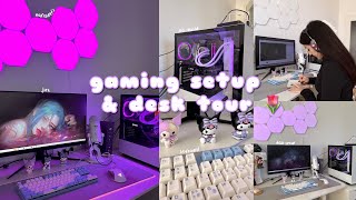 Gaming Setup amp Desk Tour l white purple aesthetic w nanoleafs 🌷 [upl. by Faria564]