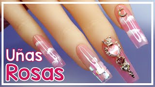 UĂ‘AS ACRĂŤLICAS BONITAS color ROSA  GELISH y NAIL ART REALISTA y MUY FĂCIL  Tutorial paso a paso [upl. by Anaigroeg]