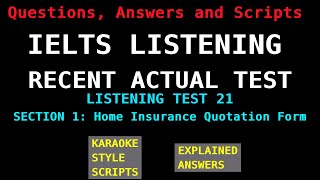 IELTS Listening Recent Actual Tests  Test 21  Section 1 Home Insurance Quotation Form [upl. by Cleopatre]