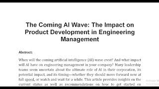 The Coming AI Wave The Impact on Product Development in Engineering Management [upl. by Nerradal]