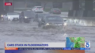 Rainwater floods 710 Freeway as determined motorists forge on [upl. by Cha220]