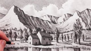 How to Draw a Landscape and a House Quick Pencil Sketch [upl. by Samella]