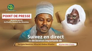 🔴Direct Touba  Déclaration importante de S Bass Abdou Khadr porteparole du Khalife des Mourides [upl. by Lekkim645]