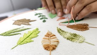 HAND EMBROIDERY FOR BEGINNERS 10 Types of Leaves [upl. by Leirej]