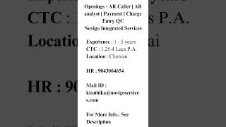 Openings  AR Caller  AR analyst  Payment  Charge Entry QC Novigo Integrated Services [upl. by Enelyar]