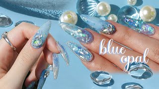 Blue Opal Ocean Inspired Nail Art💙 Opal Nails Nail Tapping asmr Aprés Gel X self nail asmr [upl. by Lytsyrk]