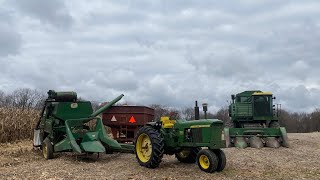 JOHN DEERE 3020 DIESEL AND MODEL 42 PULL TYPE COMBINE IN CORN ACTION [upl. by Aiak]