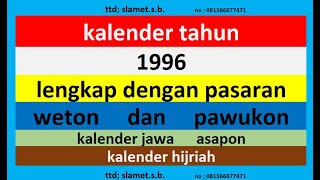 kalender 1996 lengkap pawukon  weton  pasaran kalender jawa  hijriah [upl. by Aimat]