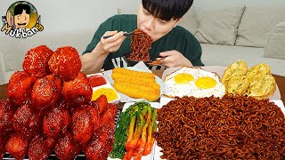 ASMR MUKBANG 직접 만든 양념 치킨먹방 치즈스틱 짜파게티 레시피 FRIED CHICKEN AND BLACK BEAN NOODLES EATING SOUND [upl. by Alberik7]