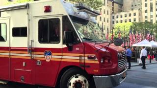 FDNY MOBILE OPERATIONS CENTER LEAVING THE FDNY 2015 FIRE PREVENTION WEEK EVENT IN MANHATTAN NYC [upl. by Pantheas310]