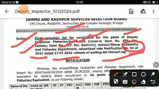 JkssbDeputy inspectorfisheries deptt2024selection list [upl. by Idnahs]