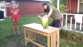 Middlefinger say helllos VIDEO Man cuts watermelon with sword  FAIL  SAD N SCERY [upl. by Nauwtna794]