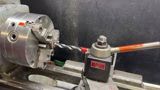 DRILLING on LATHE WITH POWER FEED 862 tubalcain clausing mrpete [upl. by Iemaj]