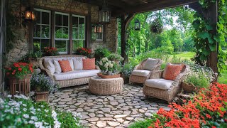 Cozy Rustic Porch with Wicker Furniture Stone Wall and Vibrant Flower Garden  4DX DESIGN [upl. by Holds818]