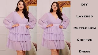 HOW TO MAKE A LAYERED RUFFLE HEM CHIFFON DRESS Detailed Tutorial Cutting amp Stitching V Neckline [upl. by Ytrebil]