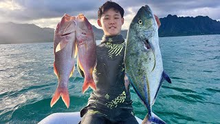 Hawaii Spearfishing For Big Trevally And BIG Goats  Moana Kali Catch And Cook [upl. by Ahsata]