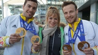 Felix Loch Georg Hackl Natalie Geisenberger  Heimkehr Deutsche Olympiamannschaft Gold [upl. by Lleruj]