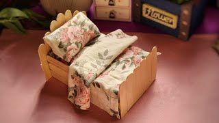 How to make Popsicle stick beddoll house furnitureminiature bedDIY crafts funschool projects [upl. by Suoirred]