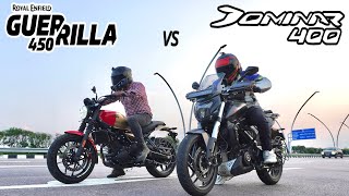 Guerrilla 450 vs Dominar 400  Drag Race  1st on youtube  Topend test  results shocking RE power🔥 [upl. by Eedissac]