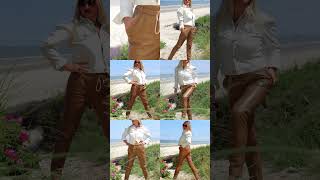 Leder Jogginghose und Lederbluseam Strand leatheroutfits leatherfashion leatherpants [upl. by Einyaj]