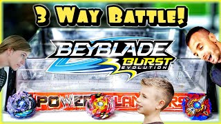 EPIC 3WAY FAMILY BEYBLADE BURST BATTLE in WWE RING Doomscizor D3 vs Legend Spryzen vs Xcalius X3 [upl. by Juxon723]