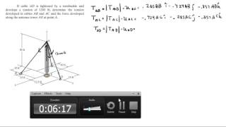 Determine the tension in cables AB and AC and the force along AE [upl. by Haissi]