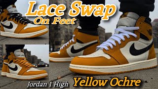 Laces Swap  Jordan 1 Yellow Ochre  On Feet [upl. by Tu411]