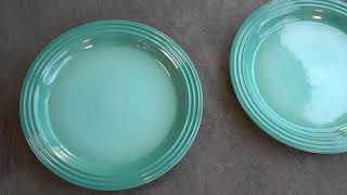 LE CREUSET Dinner Plates Caribbean Unboxing and Comparison to old size [upl. by Meekar]