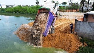 OMG 5ton truck accident almost overturned while unloading dirt help back by KOMATSU D31P dozer [upl. by Yelyah104]