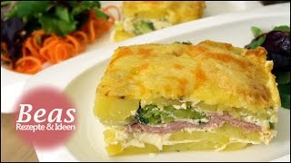 Kartoffelgratin Auflauf  Rezept mit Käse Schinken und Brokkoli [upl. by Josias]